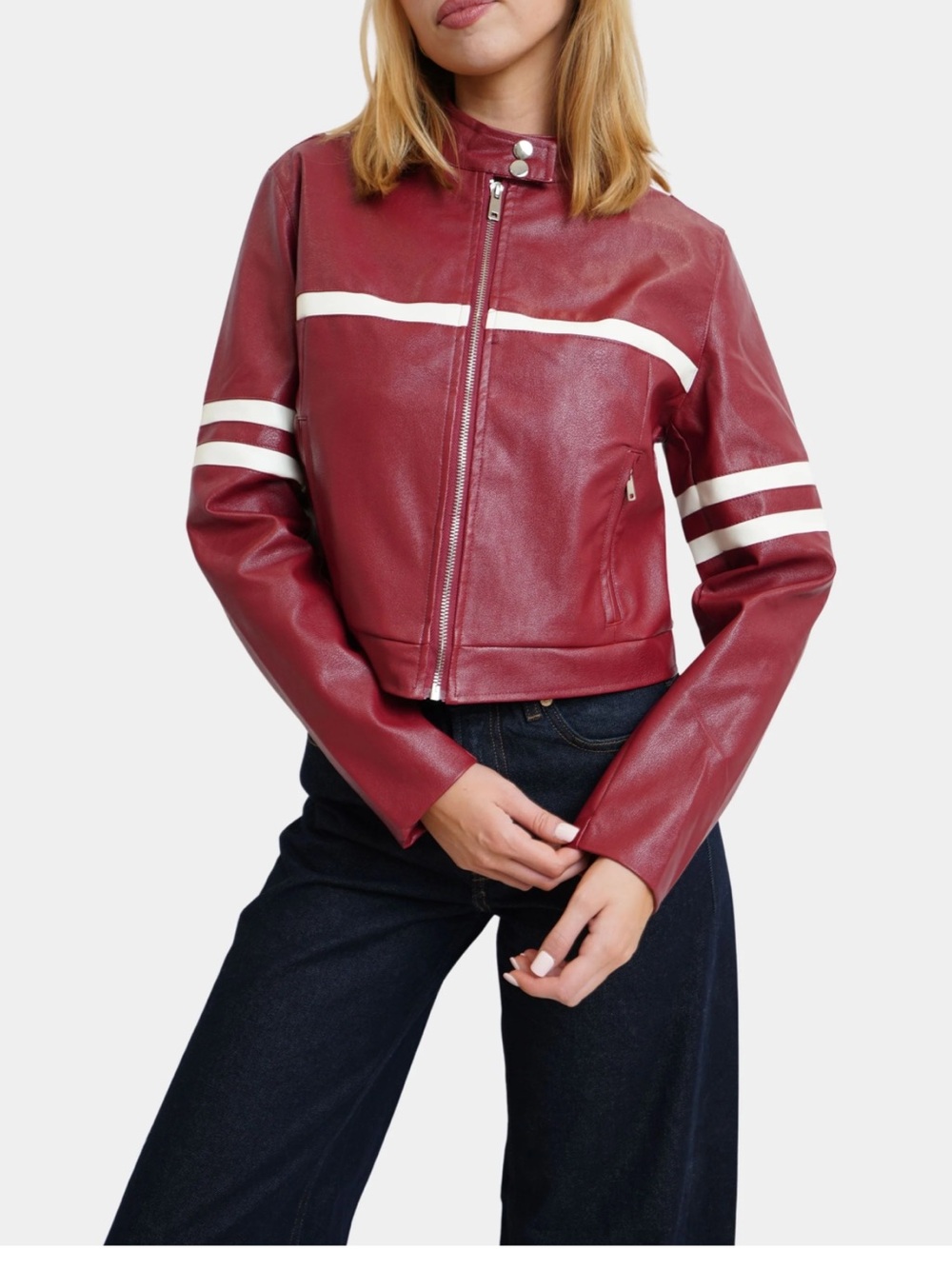 Streetwear Society Burgundy Faux Leather Racer Jacket with White Stripes